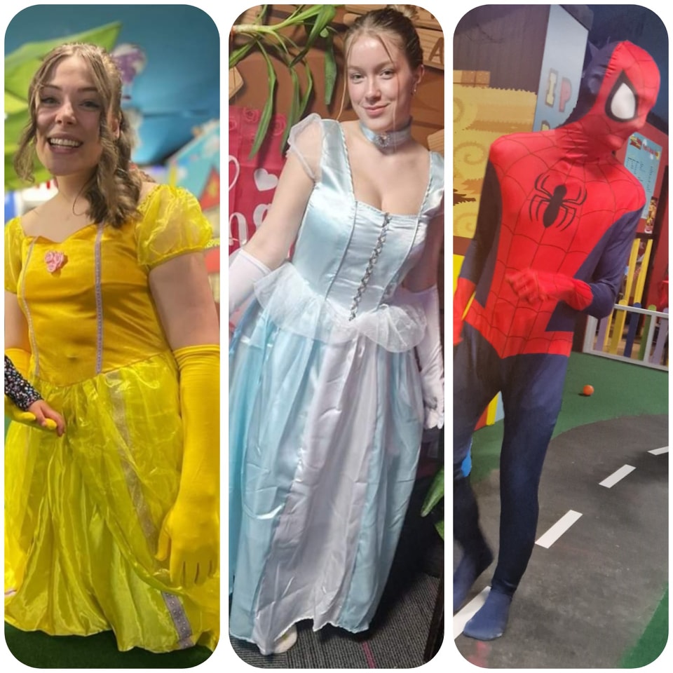 A grid of images showing people dressed as princesses and superheroes